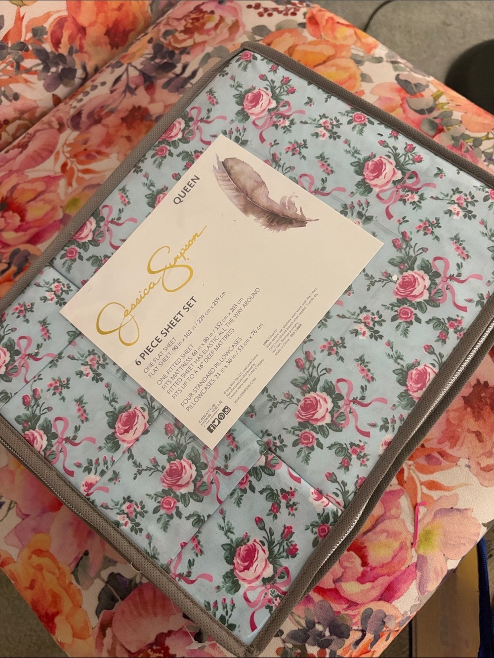 Jessica Simpson Rose Ribbon Print Sheet Set - Light Blue & Pink